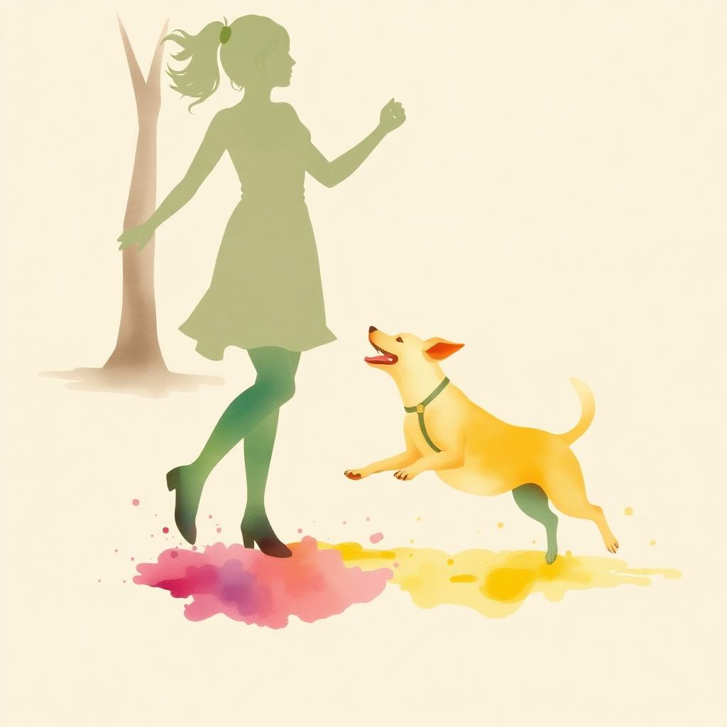 Watercolor silhouette of a person dancing with a happy dog in a park