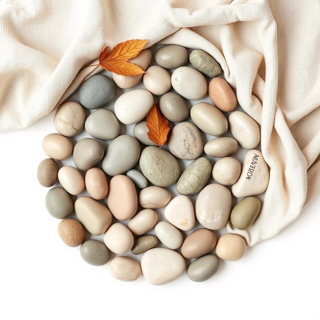 Watercolor still life of smooth river stones, autumn leaves and natural linen