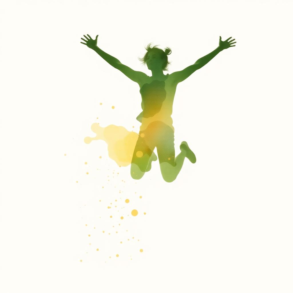 Watercolor silhouette of a person leaping with arms wide and paint splatters